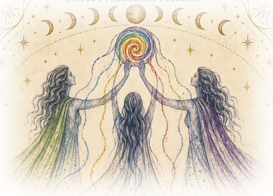 Three long-haired figures in flowing gowns of green, blue and violet reach up together to hold a glowing rainbow spiral of yarn. Coloured threads trail from the spiral down through their hands, beneath a row of moon phases and a scattering of stars. The two outer figures face inward; the third stands between them with her back turned.
